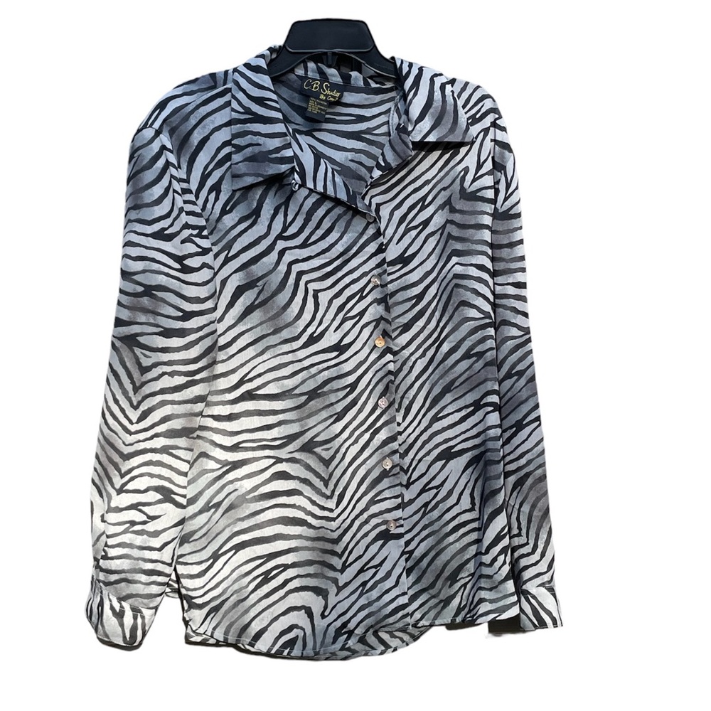 CB Studio Blouse By Covy B Sz L Button Down Sheer Padded Long Sleeve Zebra